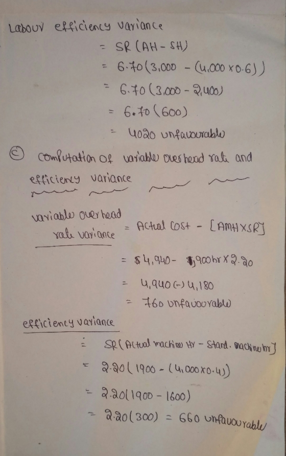 Labour efficiency variance - SR (AH-SH) = 6.40 (3,000 - (1.000 x0-6)) = 6.70(3.000 - 2000) = 6. to (60o) - 4020 unfavourable