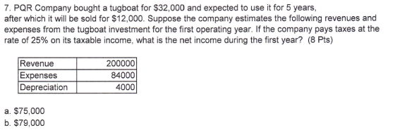 7. PQR Company bought a tugboat for $32,000 and expected to use it for 5 years, after which it will be sold for $12,000. Suppose the company estimates the following revenues and expenses from the tugboat investment for the first operating year. If the company pays taxes at the rate of 25% on its taxable income, what is the net income during the first year? (8 Pts) Revenue Expenses Depreciation 200000 84000 4000 a. $75,000 b. $79,000