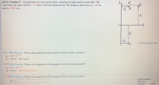 (11%) Problem 5: Consider the two wires in the figure, running at a night angle to each other. The wires carry the same curre