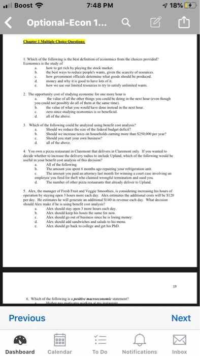 .. Boost 7:48 PM 18% < Optional-Econ 1... Q Û Û Chapter Multiple Chaise Ouestions: 1. Which of the following is the best defi