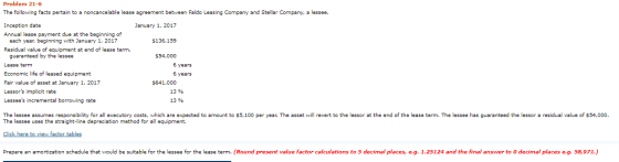 Problem 21-6 The following facts pertain to a noncancelable lease agreement between Faldo Leasing Company and Stellar Company