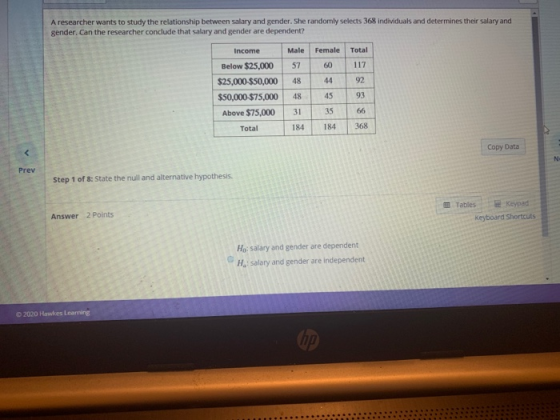 A researcher wants to study the relationship between salary and gender. She randomly selects 368 individuals and determines t