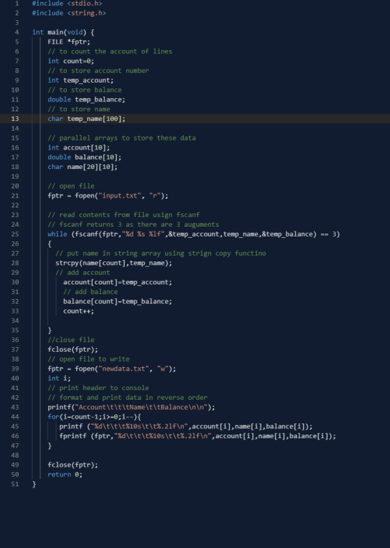 1 2 #include <stdio.h> #include <string.h> int main(void) { FILE *fptr; // to count the account of lines int count=0; // to s