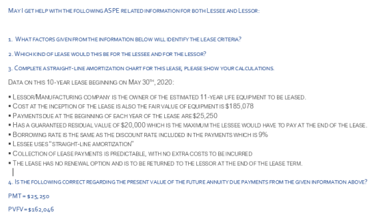MAY GET HELP WITH THE FOLLOWING ASPE RELATED INFORMATION FOR BOTH LESSEE AND LESSOR: 1. WHAT FACTORS GIVEN FROM THE INFORMATI