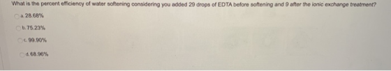 What is the percent efficiency of water softening considering you added 29 drops of EDTA before softening and 9 after the ion