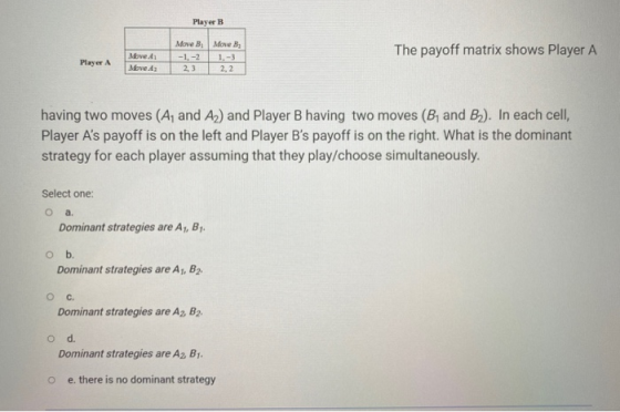 Player B Move B Mone B -1.-2 1.-3 2,3 2,2 The payoff matrix shows Player A Movedi Move A Player A having two moves (A) and A)