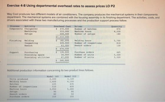 Exercise 4-8 Using departmental overhead rates to assess prices LO P2 Way Cool produces two different models of air condition