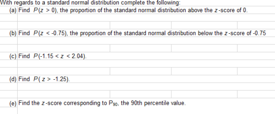 With regards to a standard normal distribution complete the following: (a) Find P(Z > 0), the proportion of the standard norm