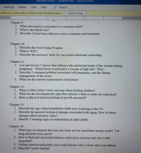 Final exam review - Protected View - Saved to this PC Mailings Review View Help Search Unless you need to edit, its safer to
