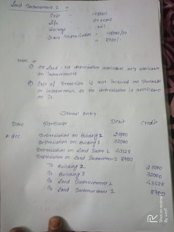 Vand Improvement 2 7 Cost 178000 20 years life Salvage - 178000 (20 Yearly Depreciatim 89001 Note 0 7 07 Land - NO deprevahon