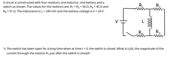 A circuit is constructed with four resistors, one inductor, one battery and a switch as shown. The values for the resistors a