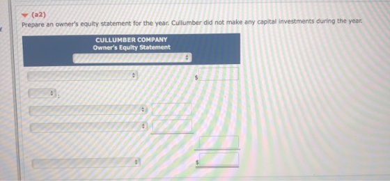 (a2 Prepare an owners equity statement for the year. Cullumber not make any capital investments during the year. CULLUMBER C