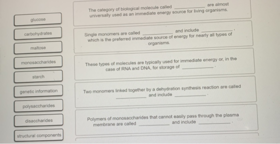 The category of biological molecule called are almost universally used as an immediate energy source for living organisms. gl