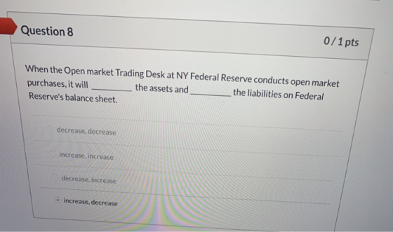 Question 8 0/1 pts When the open market Trading Desk at NY Federal Reserve conducts open market purchases, it will the assets
