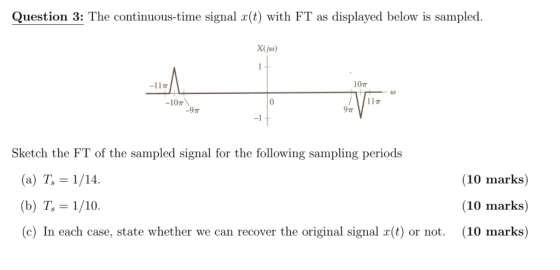Question 3: The continuous-time signal x(t) with FT as displayed below is sampled. X(jw) 1 107 -1079 Sketch the FT of the sam