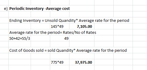 e) Periodic Inventory -Average cost Ending Inventory Unsold Quandity* Average rate for the period 145*49 7,105.00 Average rat