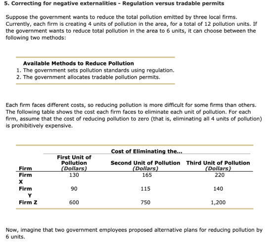 5. Correcting for negative externalities - Regulation versus tradable permits Suppose the government wants to reduce the tota