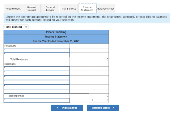 Requirement General Journal General Ledger Trial Balance Income Statement Balance Sheet Choose the appropriate accounts to be