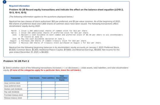 Required information Problem 10-2B Record equity transactions and indicate the effect on the balance sheet equation (LO10-2,