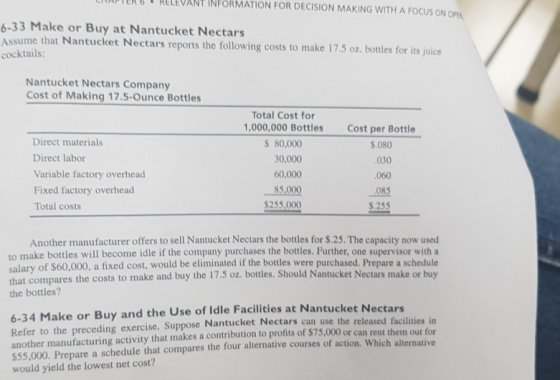 FORMATION FOR DECISION MAKING WITH A FOCUS ON OPEN 6-33 Make or Buy at Nantucket Nectars Assume that Nantucket Nectars report