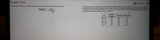 Problem 15.18 E Question Help Using the FCFS (first come, first served) decision rule for sequencing the jobs, the order is: