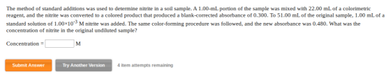 The method of standard additions was used to determine nitrite in a soil sample. A 1.00-ml portion of the sample was mixed wi