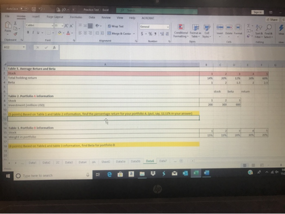 Practice Test Excel Data Review View Help Autoane - Tile Home Insert Page Layout Formulas Calibri 11 -A A BIU--GA- ACROBAT Sh