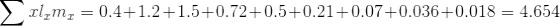 \sum xl_{x}m_{x}=0.4+1.2+1.5+0.72+0.5+0.21+0.07+0.036+0.018=4.654