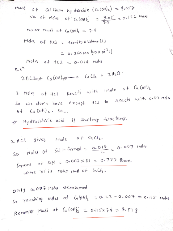 Mass of No. Calcium hydroxide (Ca (OH)2) = 9.050 Moles ofca Cow. - 9.05 -0.122 Miles 0 + 74 moler Mass of Ca Collh=74 Moles