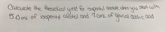 Calaulate the thearelical uield isopentyl acelole when ou slart uith 5OML of isapentyl alcohol and 1.OmL of gacial Gcekc aad