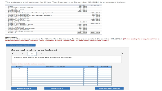 The adjusted trial balance for China Tea Company at December 31, 2021. is presented below: Debit Credit Cash 10,500 Accounts