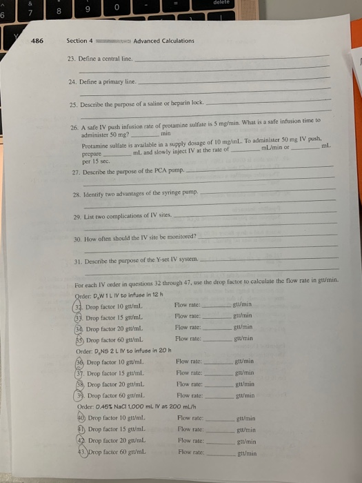 delete & 0 9 7 6 Section 4 Advanced Calculations 486 23. Define a central line. 24. Define a primary line. 25. Describe the p