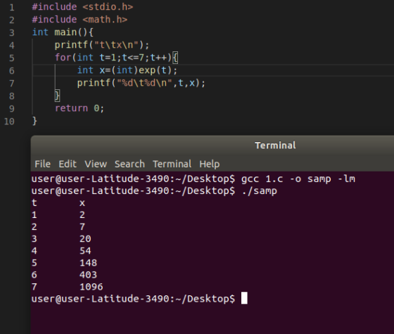 1 2 3 4 #include <stdio.h> #include <math.h> int main() { printf(t\tx\n); for(int t=1;t<=7;t++) { int x=(int)exp(t); printf