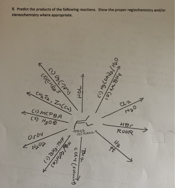 8. Predict the products of the following reactions. Show the proper regiochemistry and/or stereochemistry where appropriate.