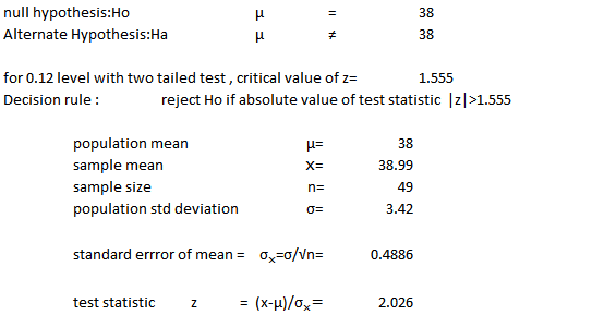 null hypothesis:Ho Alternate Hypothesis:Ha 38 38 for 0.12 level with two tailed test, critical value of Decision rule: 1.555