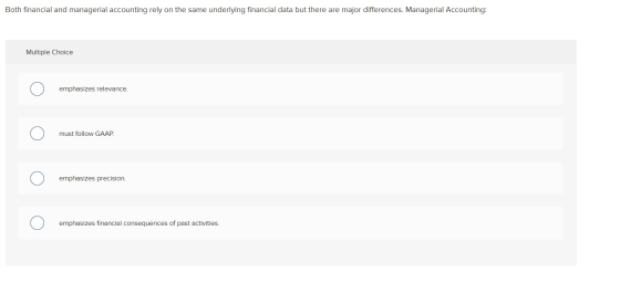 Both financial and managerial accounting rely on the same underlying financial data but there are major differences. Manageri