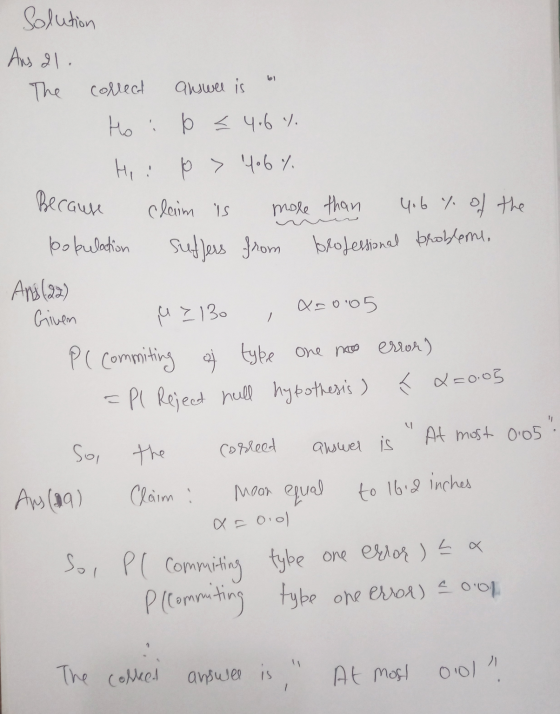 Solution Aus al. The collect auswel is Hoi b < 4.6 % Because more than } 130 Hii p > 466 % claim is yob y of the bobulation