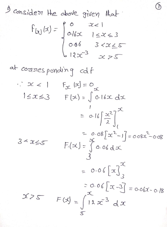 I consider the above given that po xa1 - 0.16* Isx<3 0.06 34X25 6 12x3 x>5 at corresponding cdf ..x<1 Foc (s) = 0 15:33 F(x)