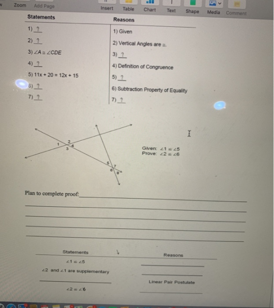 Zoom Add Page Insert Table Chart Text Shape Media Comment Statements Reasons 1) 1 2) ? 3) ZA a LCDE 4) 1 1) Given 2) Vertical