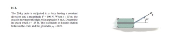 14-1. The 20-kg crate is subjected to a force having a constant direction and a magnitude F-100 N. When s = 15 m, the crate i