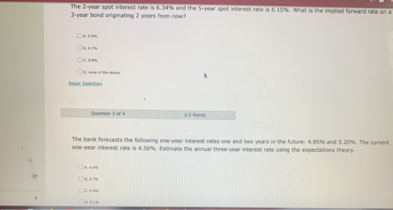 The 2-year spot interest rate is 6.34% and the 5-year spot interest rate is 6.15%. What is the implied forward rate on a 3-ye