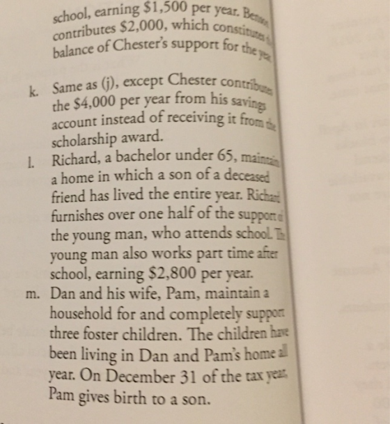 school, earning $1,500 contributes $2,000, which cons balance of Chesters support for the per year. except Chester contr k. Same as (j), the $4,000 per year from his account instead of receiving it from scholarship award. Richard, a bachelor under 65, mair a home in which a son of a deceased friend has lived the entire year. Richa furnishes over one half of the supportd the young man, who attends school T young man also works part time afer school, earning $2,800 per year. l. m. Dan and his wife, Pam, maintain a household for and completely suppor three foster children. The children have been living in Dan and Pams home l year. On December 31 of the tax year Pam gives birth to a son.