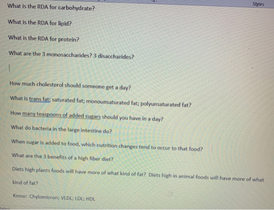 Styles What is the RDA for carbohydrate? What is the RDA for lipid? What is the RDA for protein? What are the 3 monosaccharid