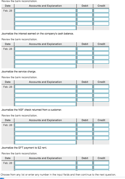 Review the bank reconciliation Accounts and Explanation Date Debit Credit Feb. 28 Journalize the interest earned on the compa