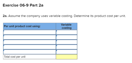 Exercise 06-9 Part 2a 2a. Assume the company uses variable costing. Determine its product cost per unit. Per unit product cos