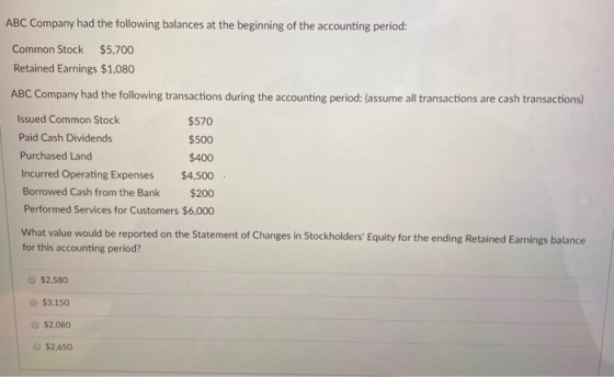 ABC Company had the following balances at the beginning of the accounting period: Common Stock $5,700 Retained Earnings $1,08