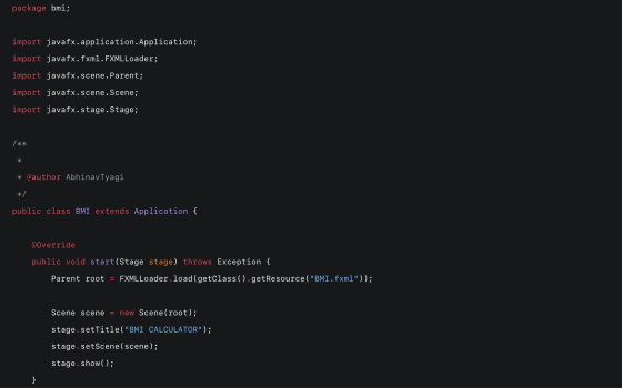 package bmi; import javafx.application. Application; import javafx.fxml. FXMLLoader; import javafx.scene.Parent; import javaf