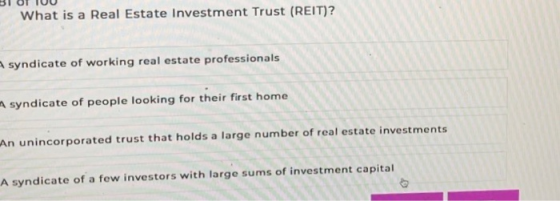 What is a Real Estate Investment Trust (REIT)? syndicate of working real estate professionals syndicate of people looking for