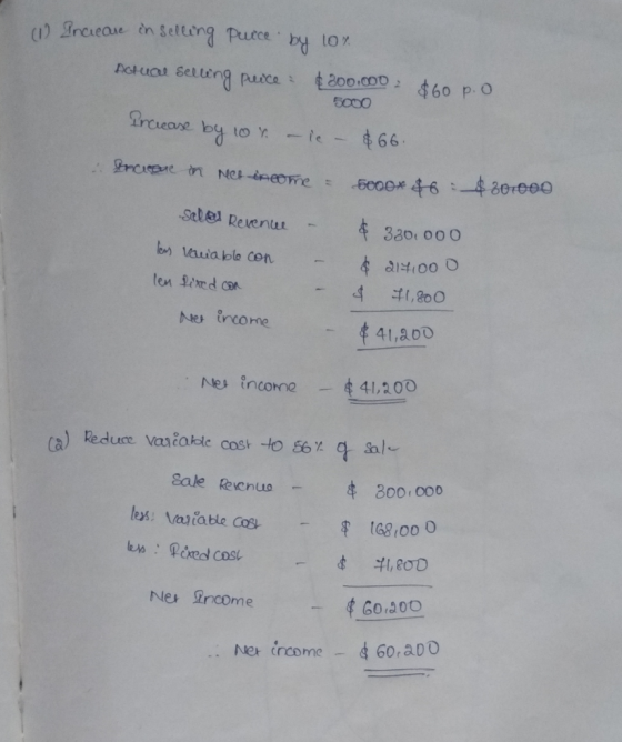 (1) Increase in selling Purce by 10%. Actual selling price: $300,000 $60 p. 0 5000 Increase by or - ic - $66. Increue in nee