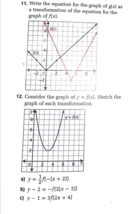 11. Write the equation for the graph of g(x) as a transformation of the equation for the graph of f(x). 8 g(x) 6 4 f(x) 2 4 -